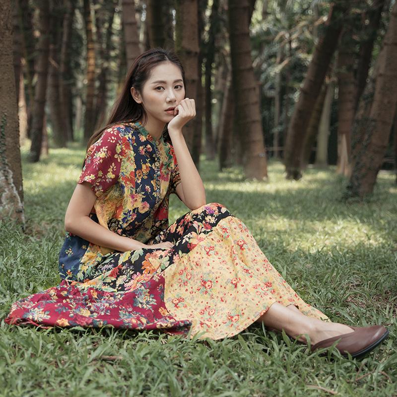 Multicolor Vintage Linen Cotton Splicing Printing Short Sleeves Dress